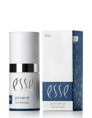 A bottle and box of Esse Post-care Oil, labeled "R16" and containing 0.5 fl oz., feature a sleek design with a white cap and "Esse" written in silver. The primarily white box is accented in blue, maintaining similar branding.