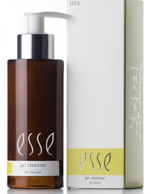 A 3.4 fl. oz. bottle of Esse Gel Cleanser with a pump dispenser is positioned beside its white and green packaging box. Both the bottle and the box display the Esse logo along with the product name in English and French.