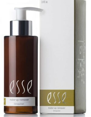 A brown pump bottle labeled "Esse Make-up Remover" stands next to its corresponding white box packaging with green and silver details. The box features the same text and includes some scientific illustrations. The bottle contains 3.4 fl. oz. of product.