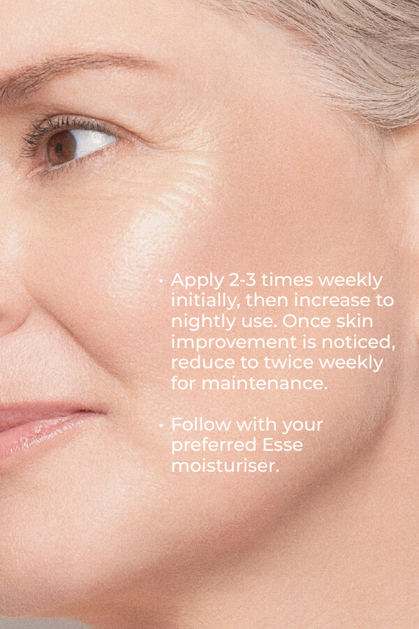 Close-up of a mature woman with glowing skin. Text on the right gives instructions for Esse Probiotic Serum: apply nightly or weekly as needed, then follow with Esse moisturiser for best results.